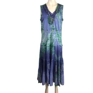Lola P Maxi Dress Tie Dye V Neck Beaded Embellished Tiered Skirt Blue Green XL